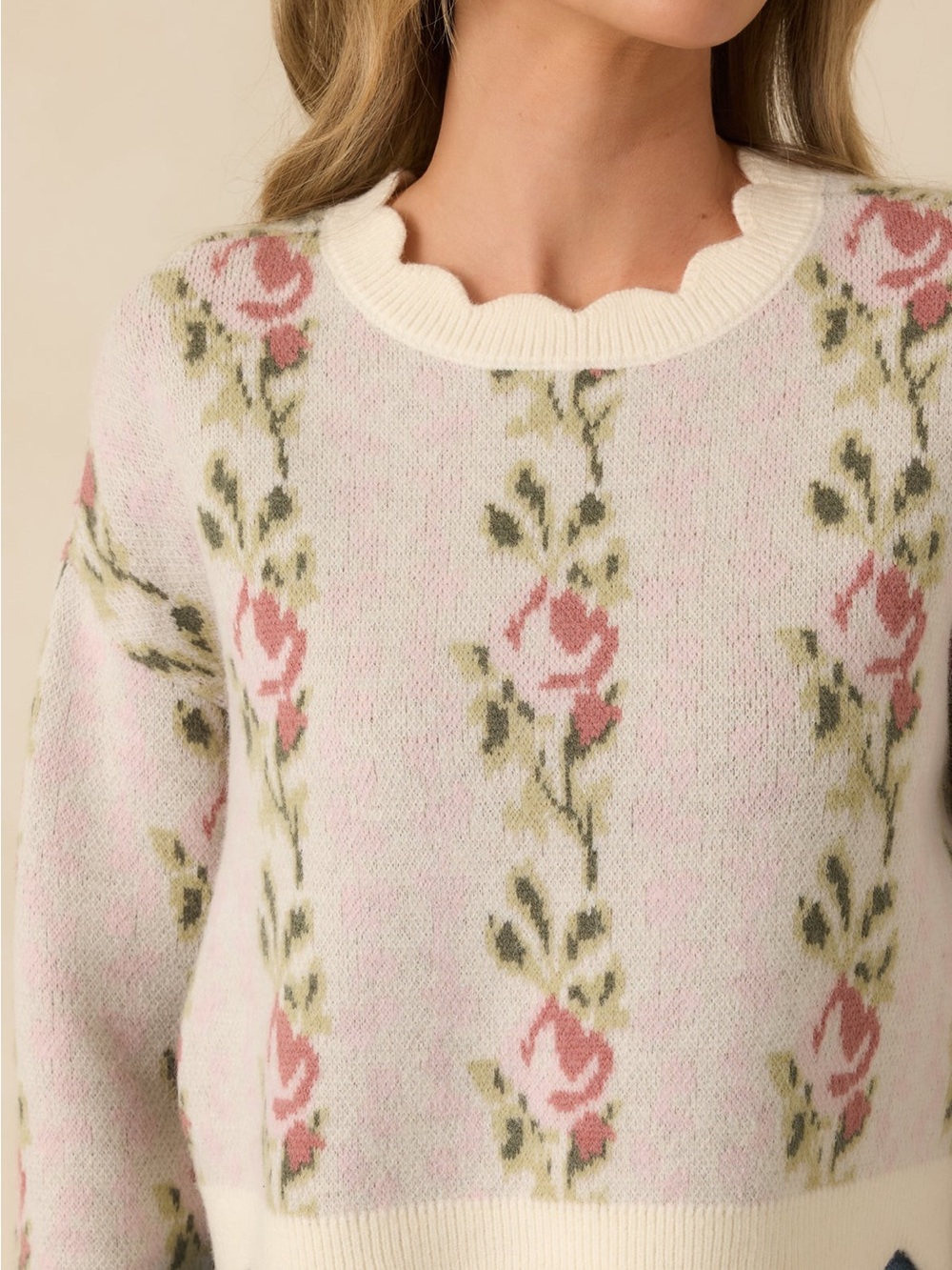 NWOT Mable Petal Promises Pink Floral Knit Scallop Edge Cottagecore Sweater - Picture 3 of 9